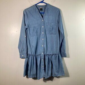 Womens Belle Tweed Chambray Denim Dress Peplum Long Sleeve‎ M Blue Cotton Button